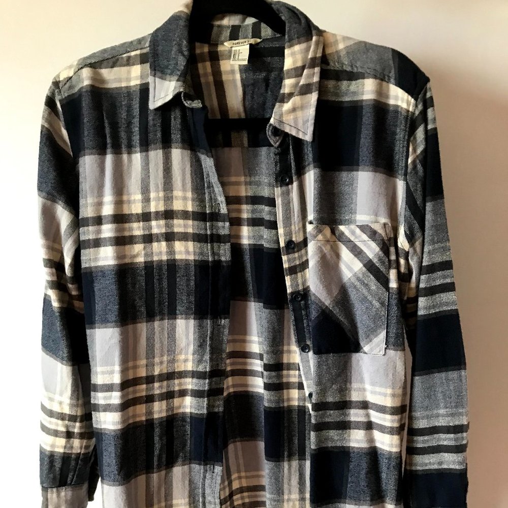 Forever 21 Blue, White & Grey Collared Flannel